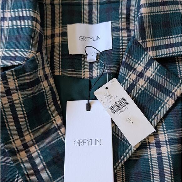 NWT Greylin Green Plaid Belted Single-breasted Button Blazer Coat Jacket, size S - Picture 3 of 10
